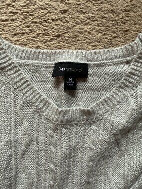 AB Studio Cable Knit Sweater w/ Lace Hem | Soft Neutral Cozy Pullover Size M